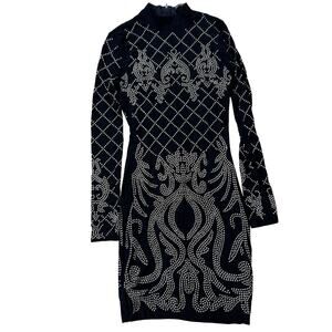 BANJUL Dress Womens S Black Bodycon Long Sleeve Mock Neck Studded Lined Zip Back